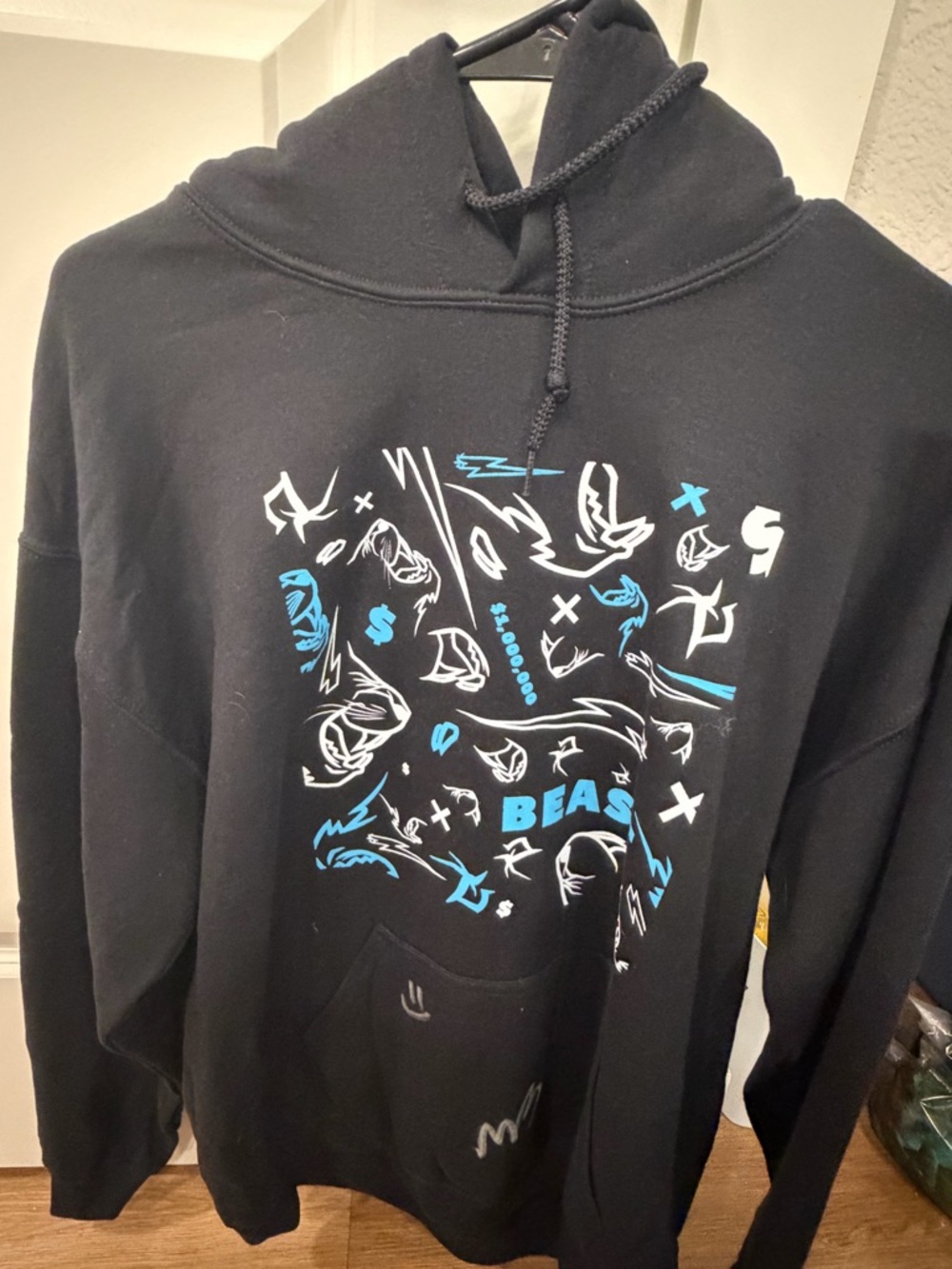 Black Graphic Pullover Hoodie with Blue Accents